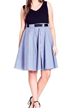 City Chic Blue & White Striped faux wrap cotton dress with belt
